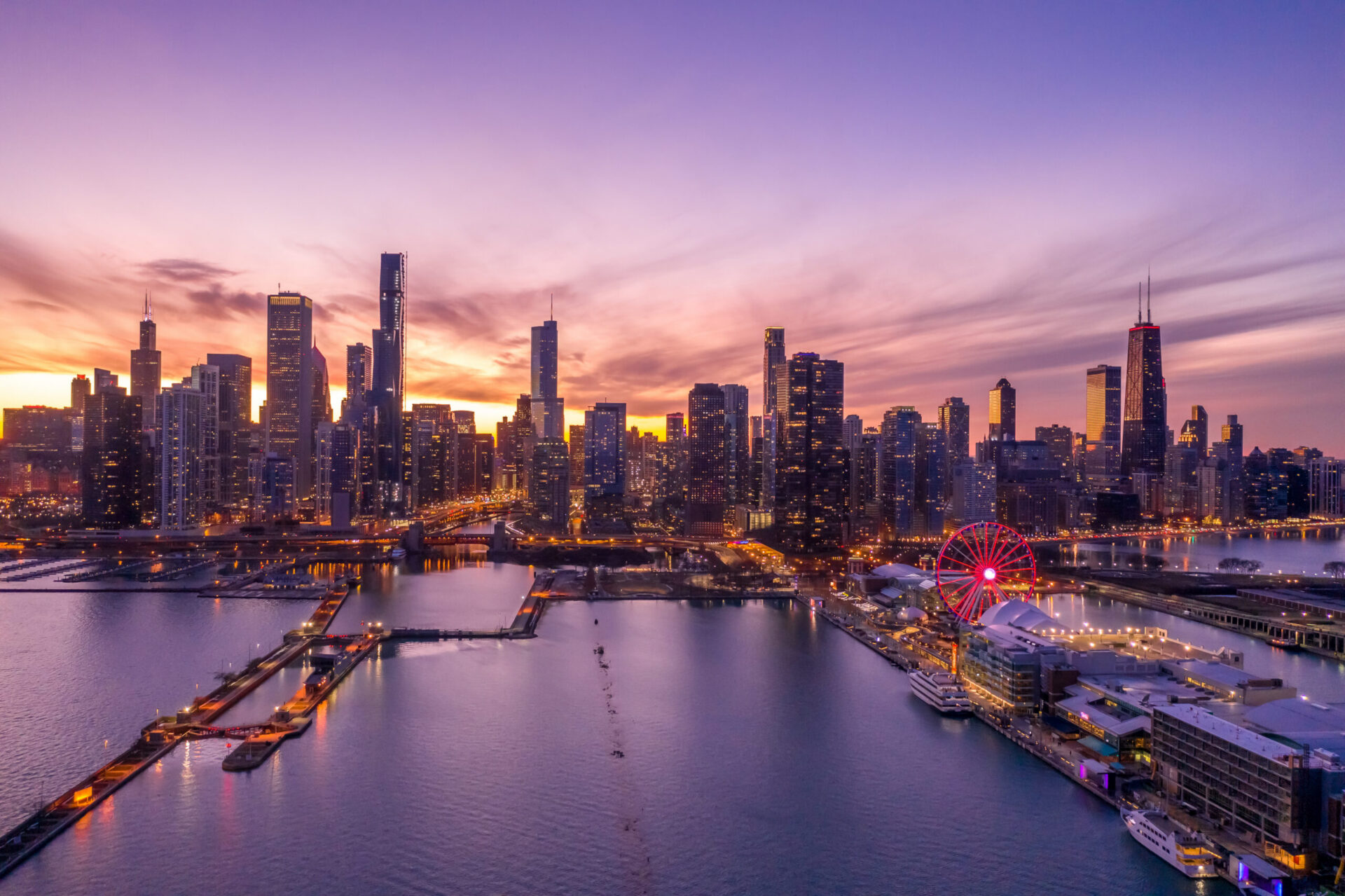 Chicago downtown buildings skyline sunset evening Navy Pier